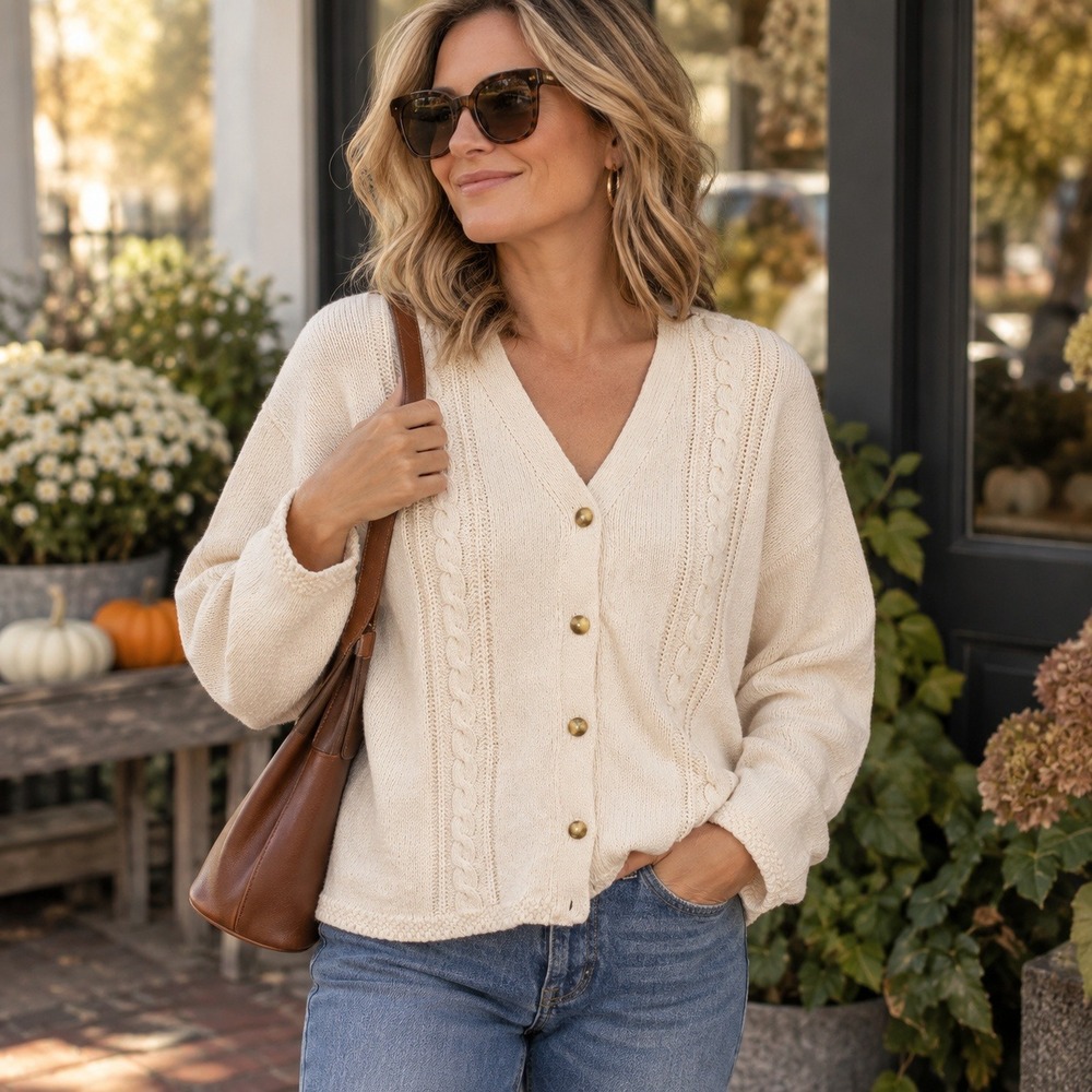 Liz Wear Vintage Cardigan Sweater Cable Knit Button Front Cream Women's Large